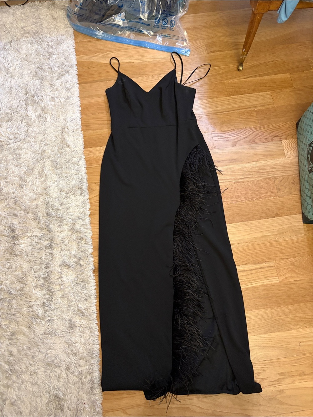 Aqua Black Spaghetti-Strap Maxi Dress with Feather-Trim Slit